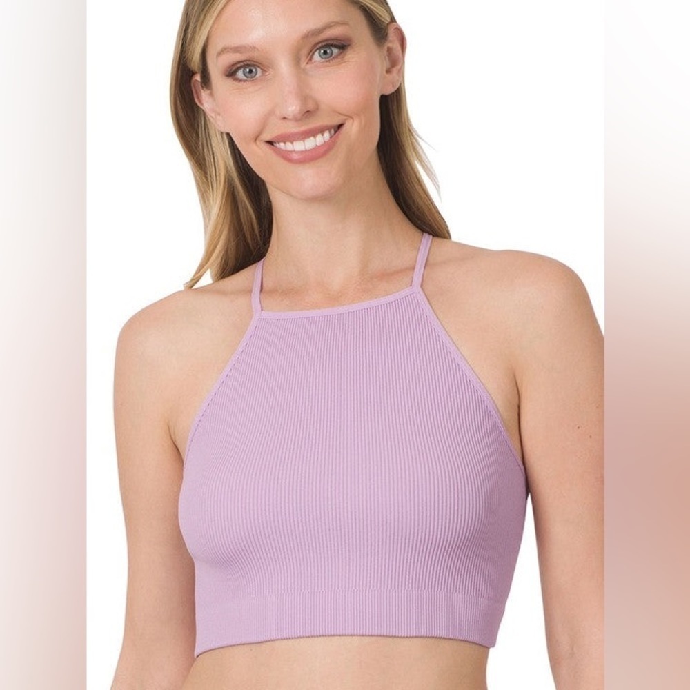 Zenana Ribbed Seamless Bralette Size L XL Dusty Lavender Cropped Tank NWT - Picture 4 of 5